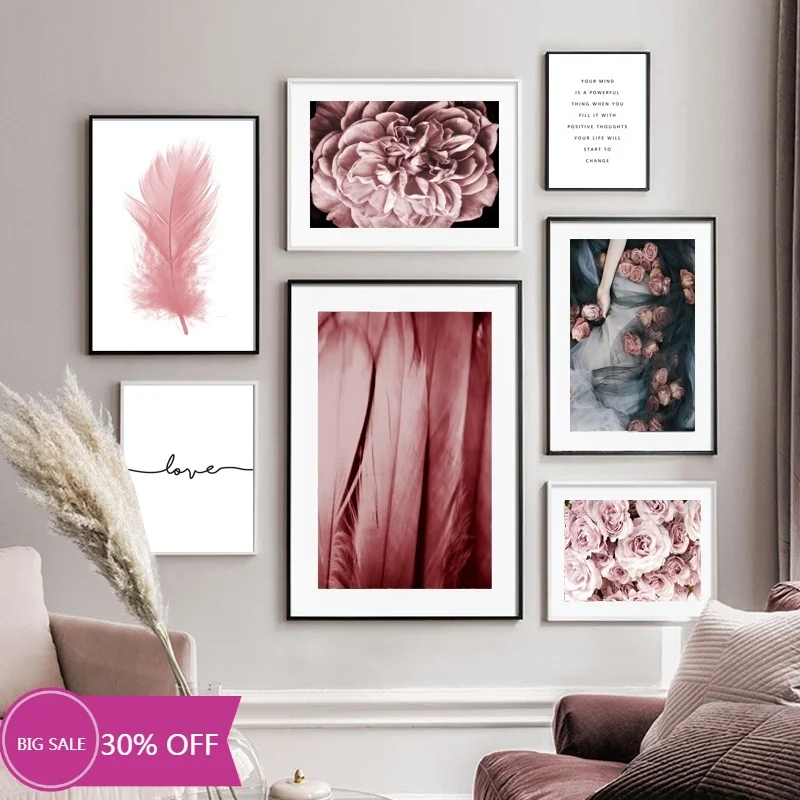 

Pink Peony Flower Feather Quote Nordic Posters and Prints Plant Wall Living Room Decoration Canvas Painting