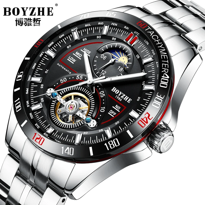 

BOYZHE Mechanical Watches Stainless Steel Band Sport Automatic Tourbillon Watch Men Moon Phase Calendar Luminous Montre Homme