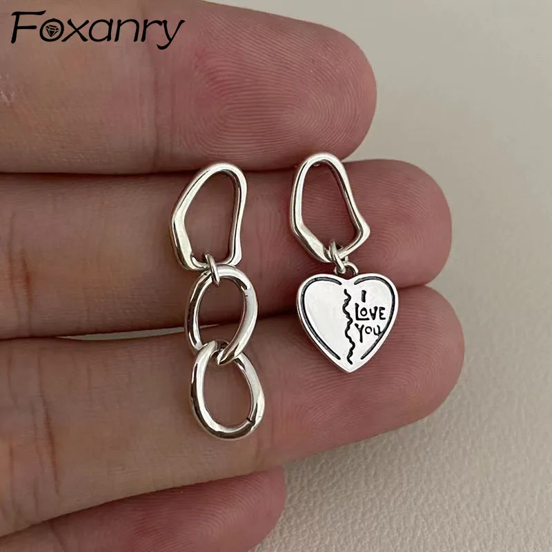 

Evimi Prevent Allergy 925 Silver Color Asymmetric Stud Earrings Trendy Vintage Simple Tassel Chain LOVE Heart Party Jewelry