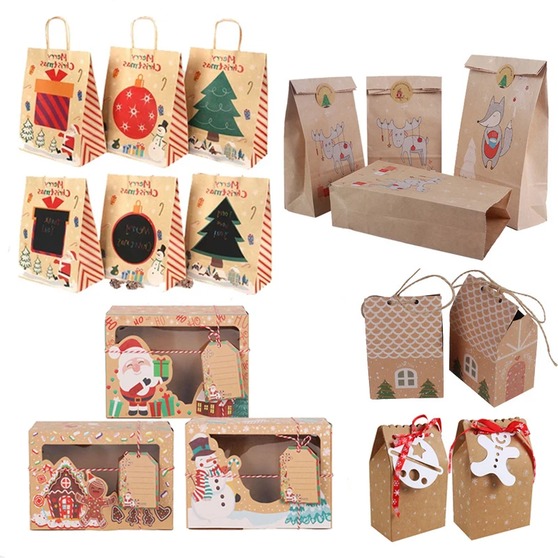 

Kraft paper Christmas Gift Bags Xmas Candy Boxes Bags Santa Claus Gift Box Packing Bag 2022 New Year Favors bag Navidad Home Dec