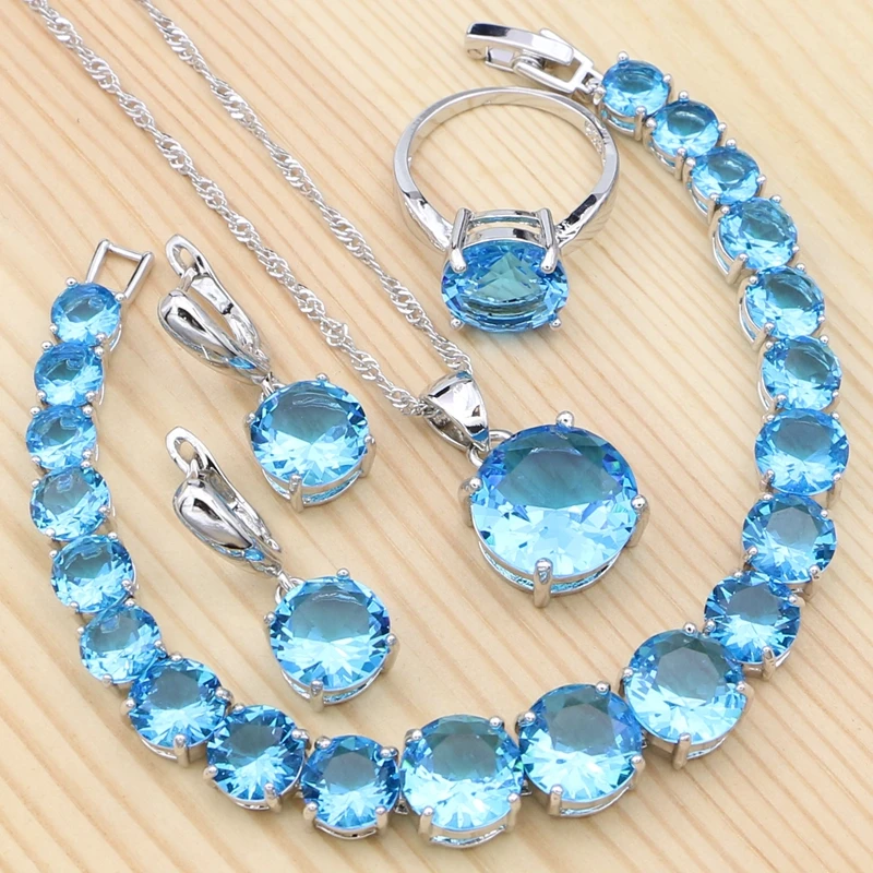 

925 Silver Jewelry sets Sky Blue Natural Stones CZ For Women Party Necklace Earrings Pendant Ring Bracelet Set