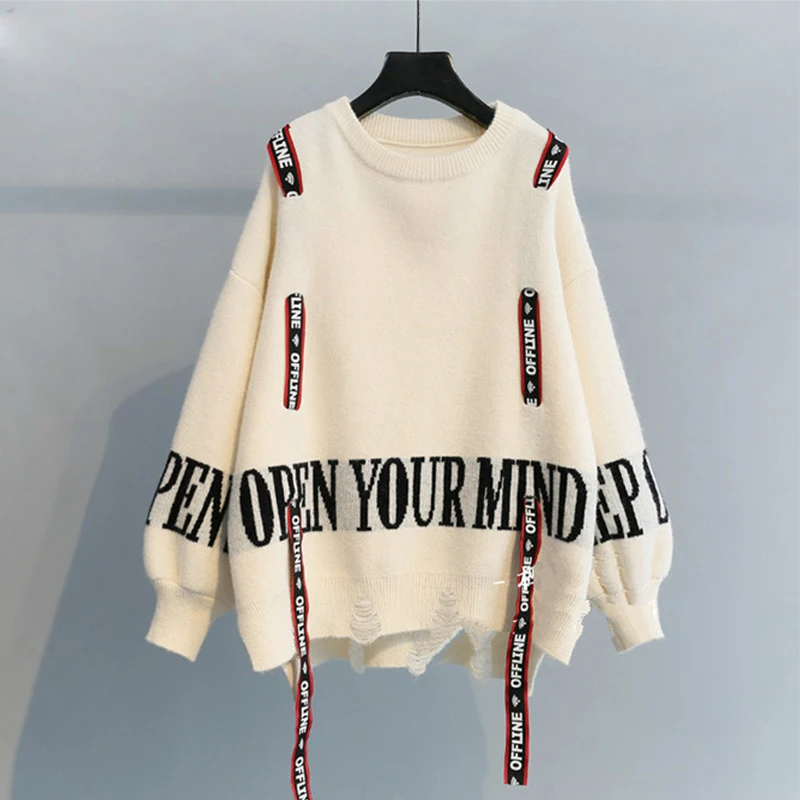 

Vangull вязаный женский свитер 2021 новый зимний модный женский свитер с буквенным принтом и лентой свободные Асимметричные пуловеры с длинным р...