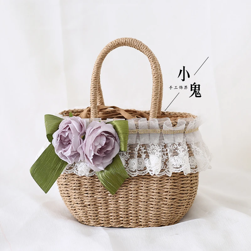 

New Mori Artistic Handmade Straw Bag Flower Seaside Holiday Summer Handbag Rattan Weave Bag Woven Bag Women Basket
