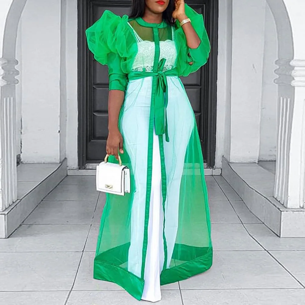 

chic green sexy sheer top transparent mesh retro lantern sleeve long blouse women lace up plus size see through casual shirt
