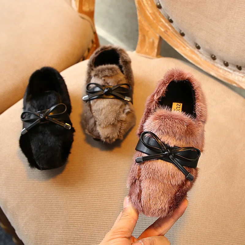 New Winter Kids Bow Princess Shoes Baby Girls Black Sweet Children Fur Brand Fashion Slip On Loafer Warm Moccasin |
