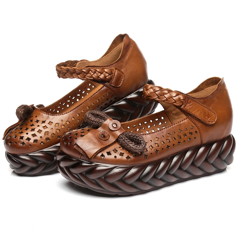 

GKTINOO Spring Handmade Shoes Platform Wedges Women Pumps Fretwork Cut Out Genuine Leather Women Casual Shoes High Heels