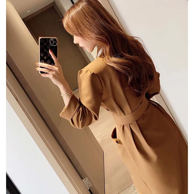 

Spring Autumn Fashion Women Dress Thin Trench Long Sleeve Sashes Office Lady Chic Blazer Dress Female Windbreaker Undefined