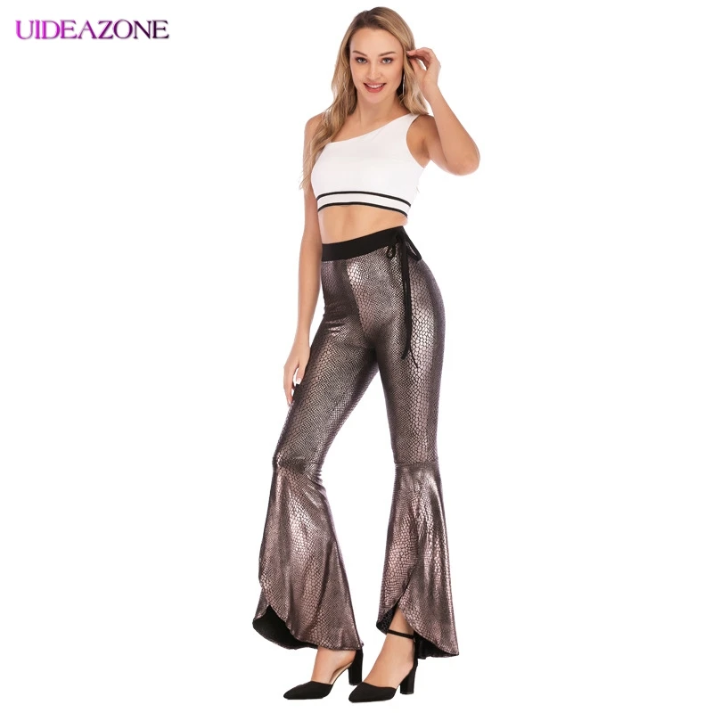 UIDEAZONE женские модные обтягивающие черные узкие брюки-клеш со змеиным узором и