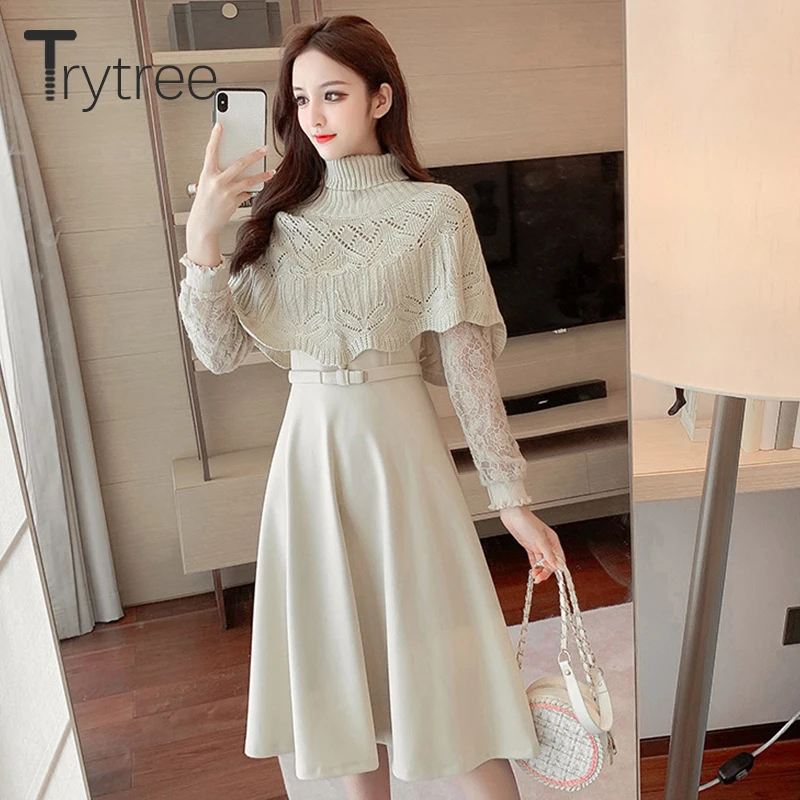 Trytree Осень Зима Женское платье на каждый день шаль с отложным воротом кружевное в