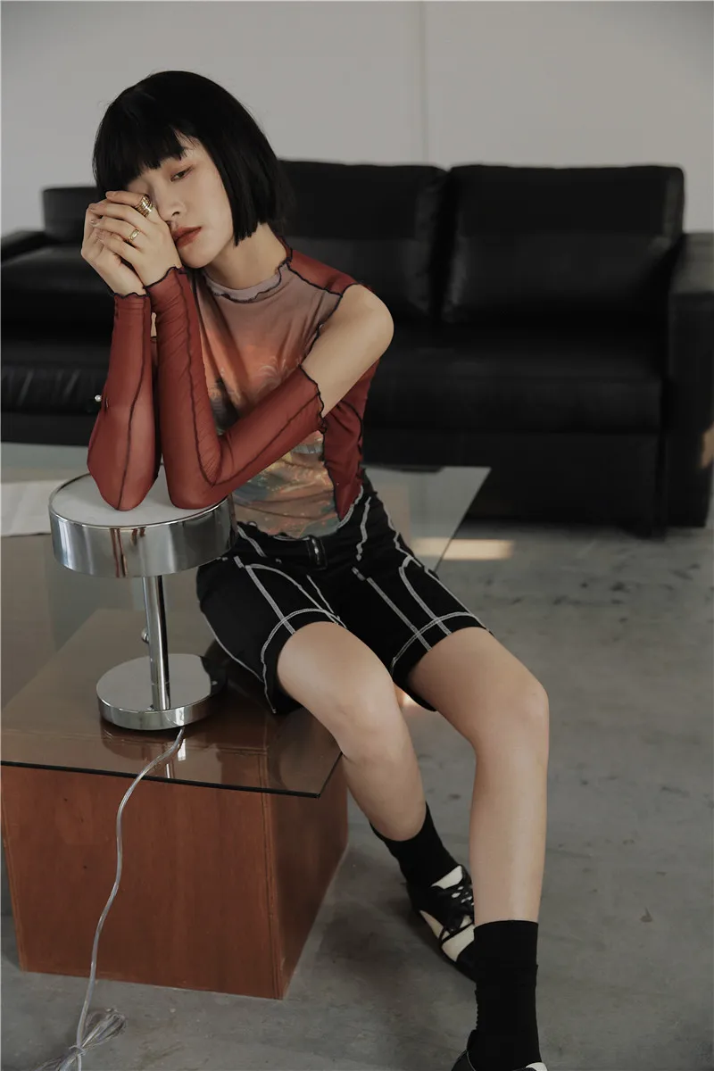 Сетчатая водолазка футболка с рисунком ночной сцены женские футболки открытыми