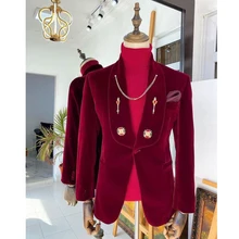 Veludo masculino 2 peças festa de casamento smoking vestido fino ajuste jaqueta de negócios inverno quente blazer + calças várias cores (1)