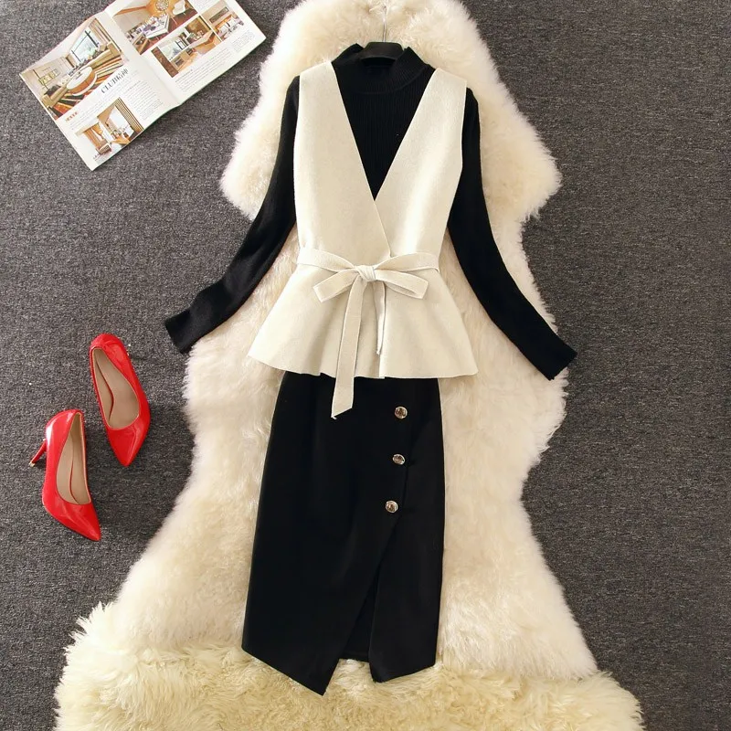 Женские Осенние костюмы из 3 предметов тонкий пуловер вязаная одежда + шерстяной