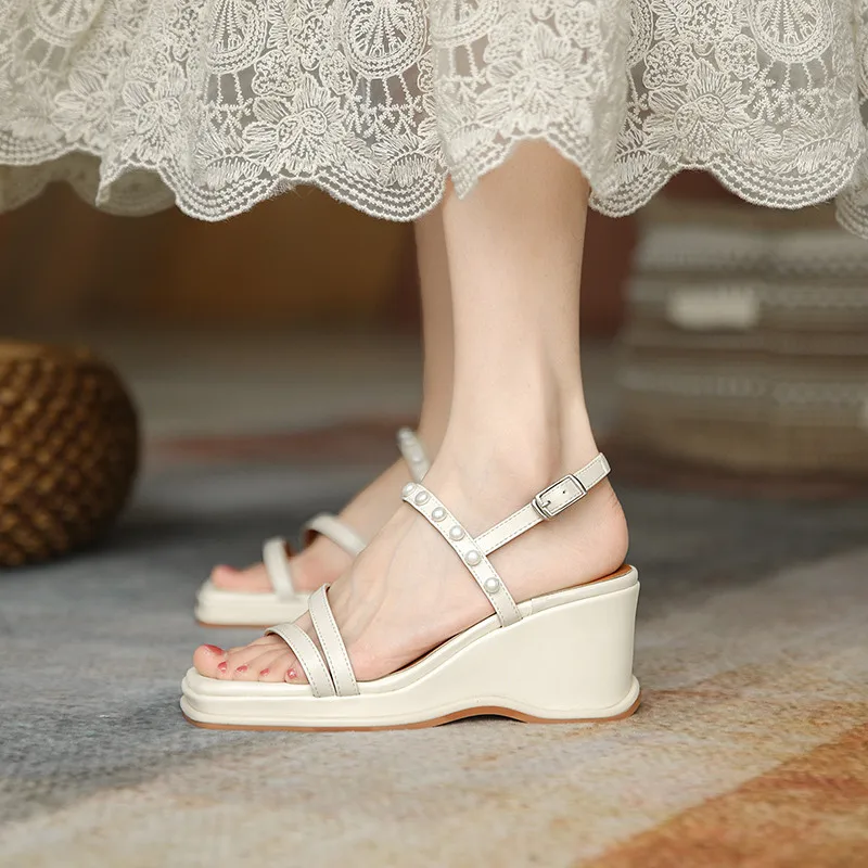 

MORAZORA 2021 New Arrive Women Sandals Pearl Buckle High Heels Wedges Platform Sandals Summer Elegant Party Shoes Woman