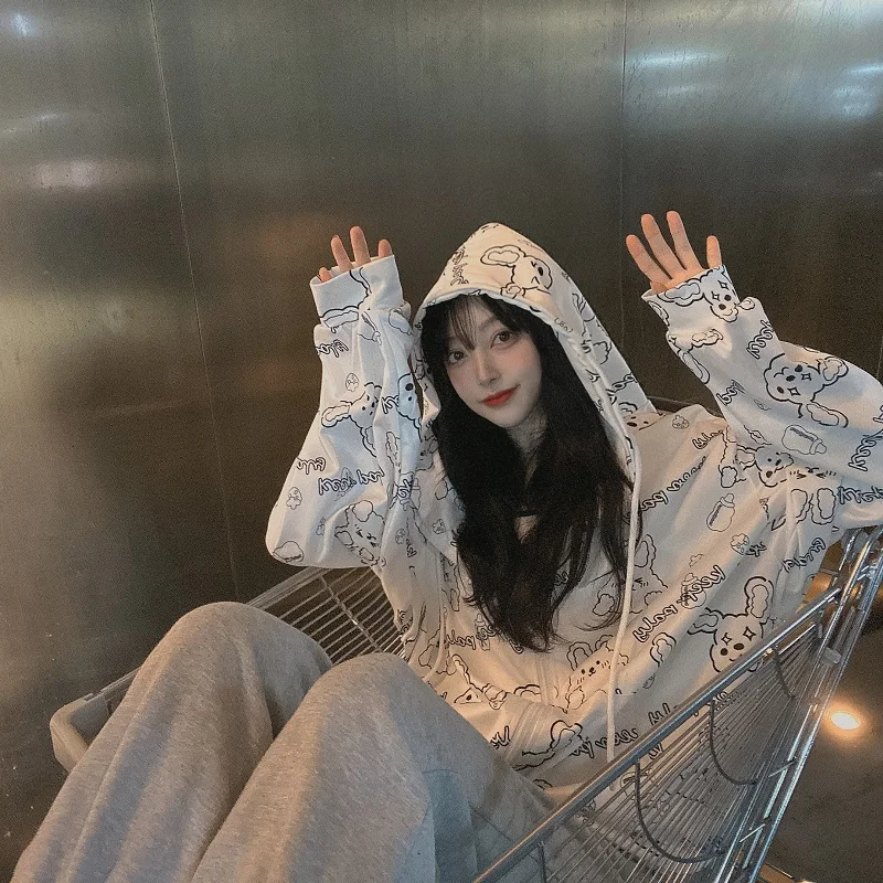 

Harajpoo Women Sweatshirt Spring Autumn 2021 New Korean Version Thin Section Rabbit Print Loose Zipper Hooded Cardigan Tide