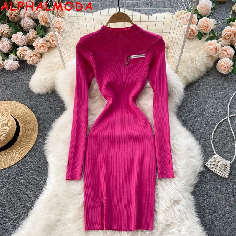 

Женское вязаное платье ALPHALMODA, на молнии, с разрезом спереди, тонкое, пуловер, свитер с длинным рукавом, осень 2021