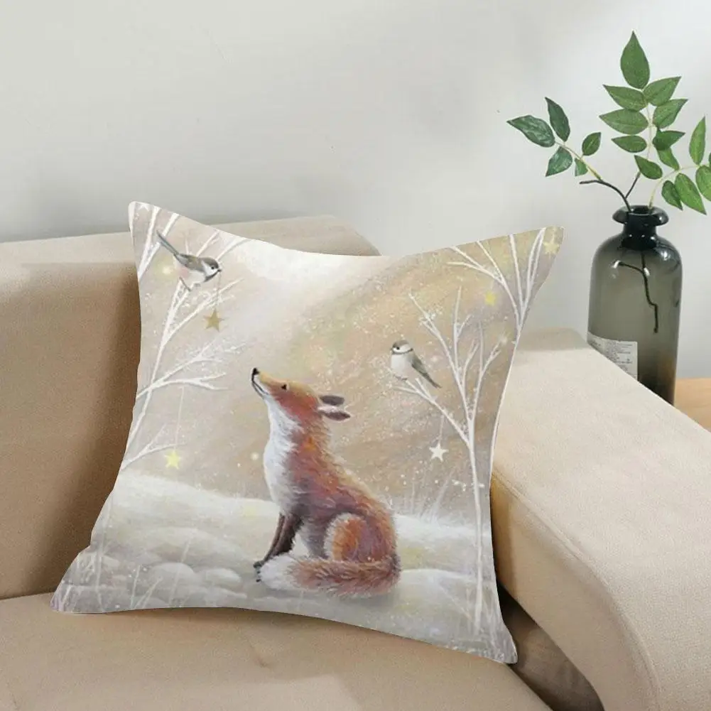 

Merry Christmas Pillow Case Xmas Deer In Forest Picture Cushion Cover For Home Sofa Decor Short Plush Pillowcases