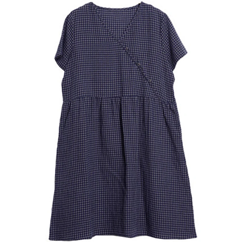 

Summer Artistic Retro V-neck Cotton and Linen Short-Sleeved Dress with Oblique Buckle Loose Large Size Mid-Length Slimming Plaid
