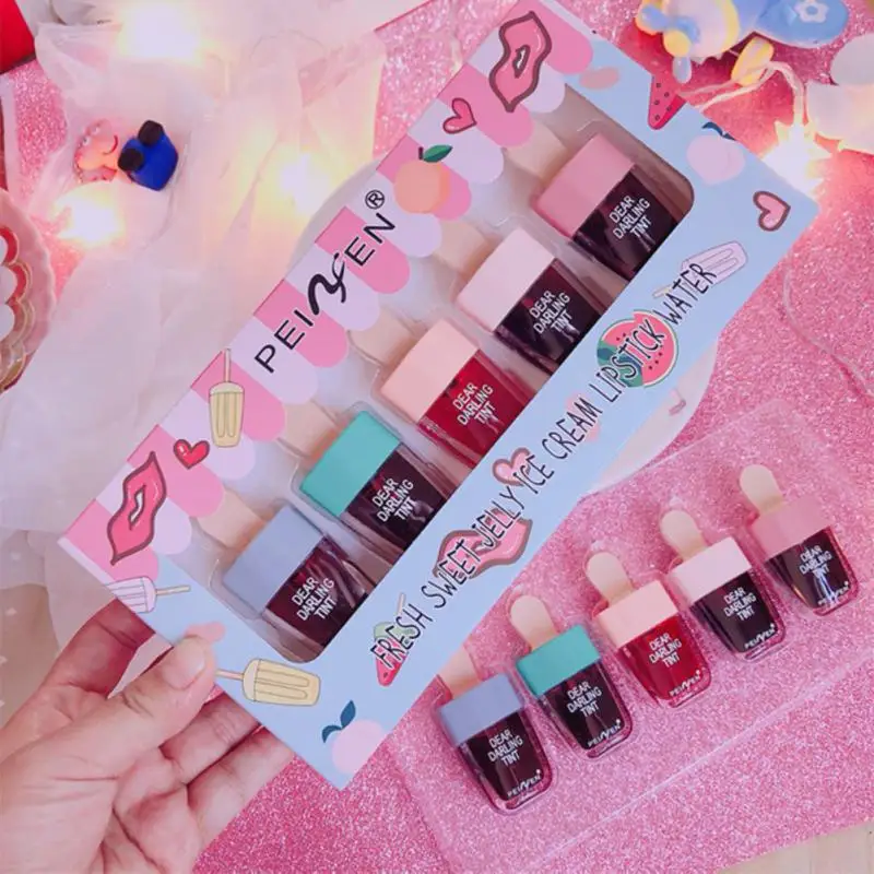 

5pcs/set Korean Style Cute Ice Cream Lip Gloss Makeup Cosmetic Mirror Non-stick Cup Lipstick Waterproof Lasting Lip Tint TSLM1