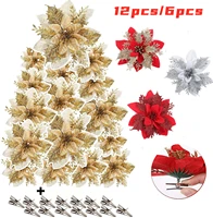 6pc12pc christmas flower poinsettia high quality artificial flower christmas tree ornaments garland decoration belt fixing clip