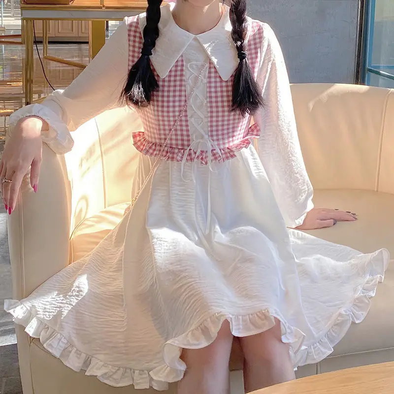 

Japanese Sweet Princess Dress Women Cute Peter Pan Collar Lace-up Korean Party Dresses Female Bow Casual Puff Sleeve Fairy Dress