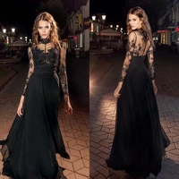 2020 elegant black evening dresses long sleeves lace chiffon high neck buttons illusion formal prom gowns vestidos de noiva