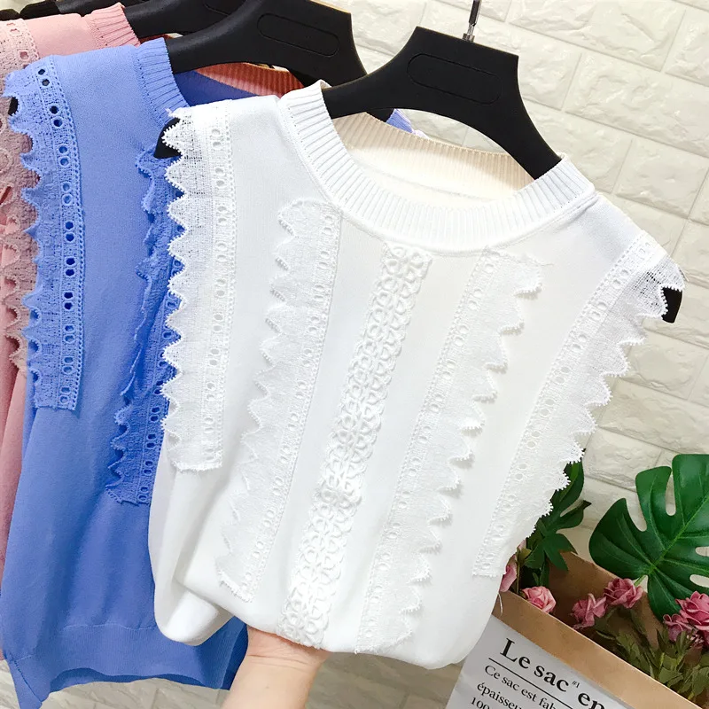 

summer Ice silk tops for women Fashion Lace Knitted Tank Tops patchwork O-neck sleeveless Slim Tops