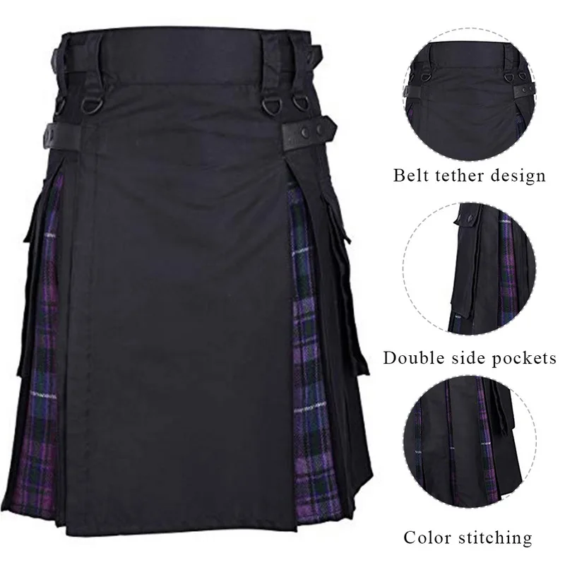 

2021 Hot Scottish Mens Kilt Traditional Plaid Belt Pleated Bilateral Chain Brown Gothic Punk Scottish Tartan Trousers Skirt