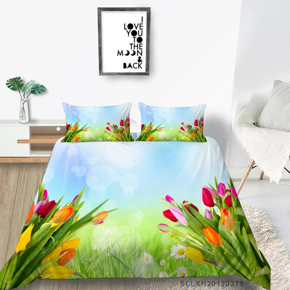 

Colored Tulips Bedding Set Full Size Beautiful Daisy Duvet Cover King Queen Twin Double Single Nature Bed Set Grass