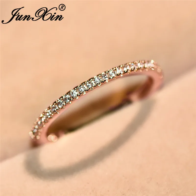 Rose Gold Color JUNXIN шикарные стекируемые однорядные тонкие кольца для женщин Серебряный цвет круглый циркон белый камень кольцо минималистичное свадебное ювелирное изделие - Цвет основного камня: Rose Gold Color