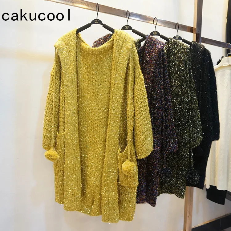 Cakucool блестящие женские золотые люрекс Открыть стежка Bling блестками Длинные кардиганы Свободные Корея свитер с капюшоном вязаное пальто Верхняя одежда для женщин - Цвет: yellow
