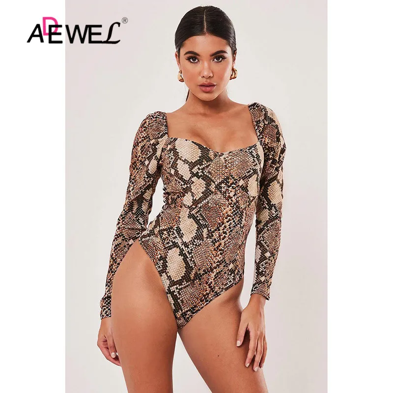 Женский комбинезон с длинным рукавом ADEWEL коричневый со змеиным принтом