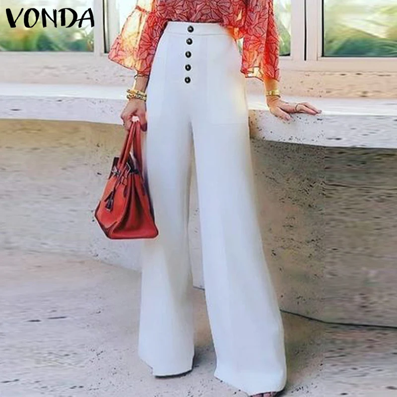

Women Trousers Office Ladies Pants 2021 VONDA Casual Solid Color Pleated Button Up Wide Leg Pants Palazzo Pants Pantalon Femme