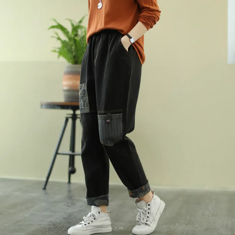 Женские джинсовые брюки Max LuLu винтажные черные шаровары в полоску с принтом