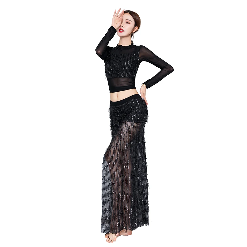 

Woman Bellydance Costumes Black Fringed Sequins BellyDanceTrainingCostume Professional Belly Dancer Performance Wear DN5233