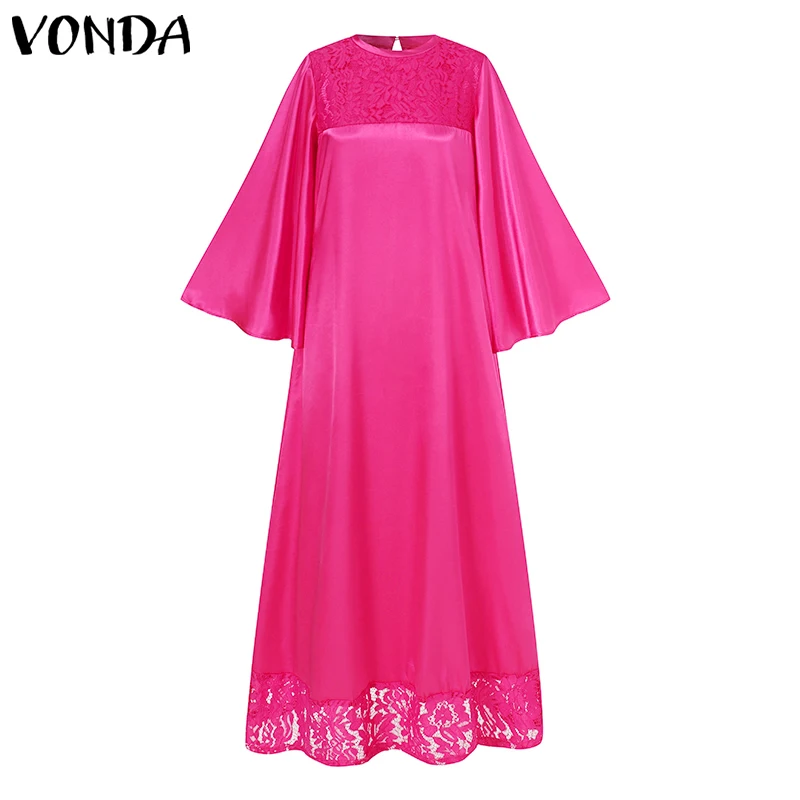 

VONDA 2021 Casual O Neck Long Maxi Dresses Summer Pleated Women Dress Loose Flare Sleeve Solid Vestidos Elegant Long Robe Longue