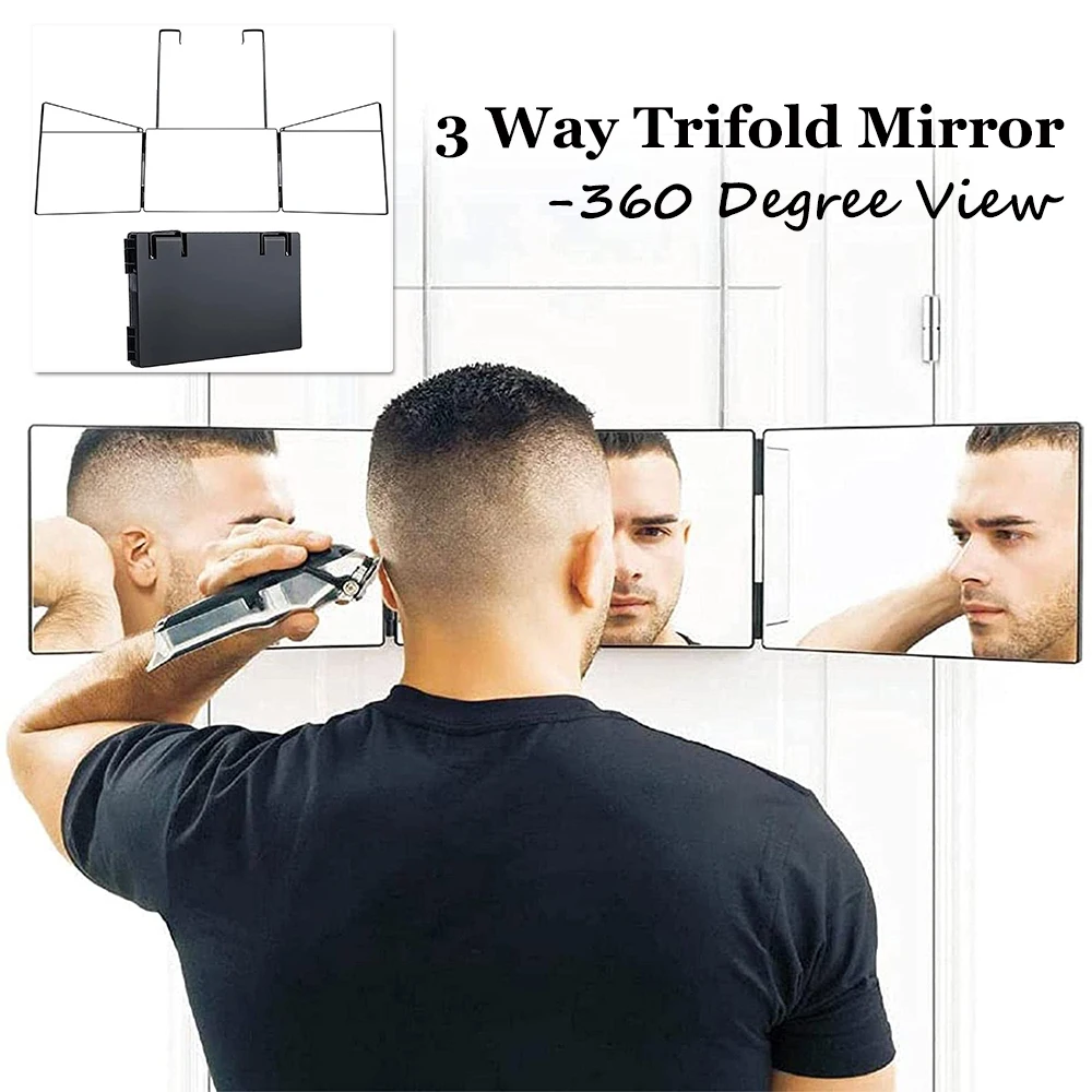 

3 Way Tri Fold Mirror 360° Portable Barber Mirror With Adjustable Height Brackets Haircut Tool Self Hair Cutting Good For Travel