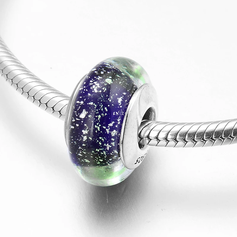 Fine Charm Beads 925 Sterling Silver Aurora Night Blue Munaro Glass beads Fit Original LYNACCS Charms Bracelet necklace Jewelry | Украшения
