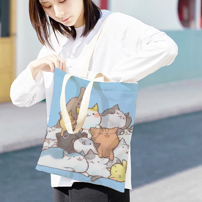 

Cute Cat Tote Shoulder Bag Girl Shopper With Anime Totebag Reusable Shopping Bags Korean Shopper With Print 2021 Women Handbags