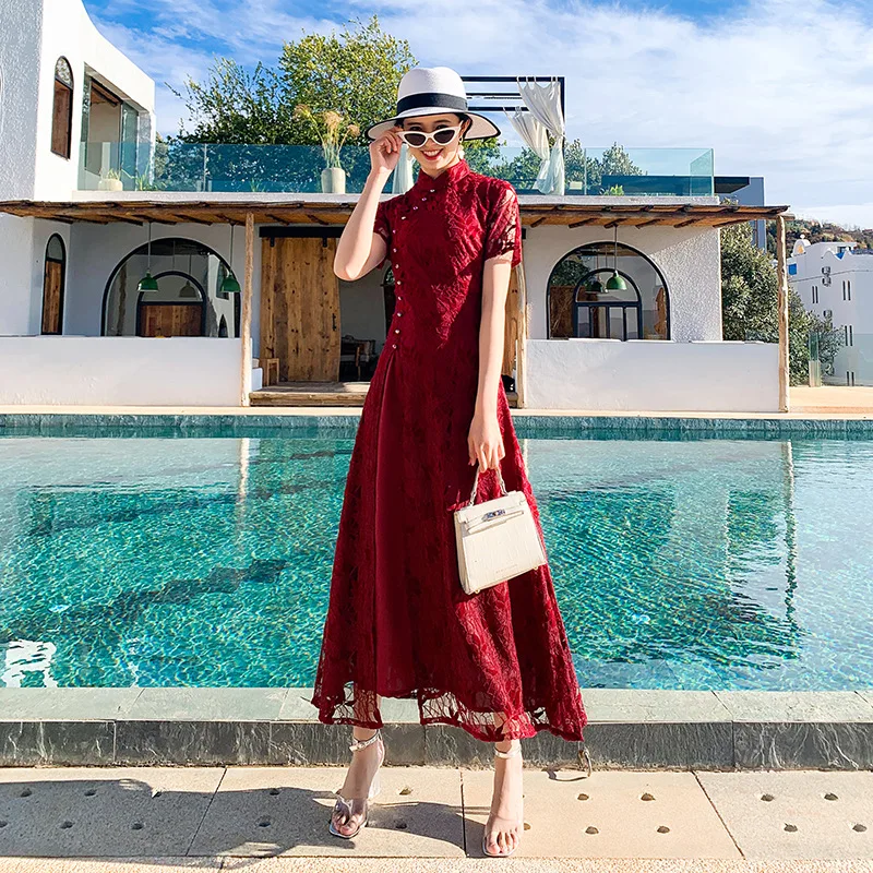 

New Temperament Dresses Vintage Improved Chinese Style Cheongsam Burgundy Lace Elegant Robe De Soiree