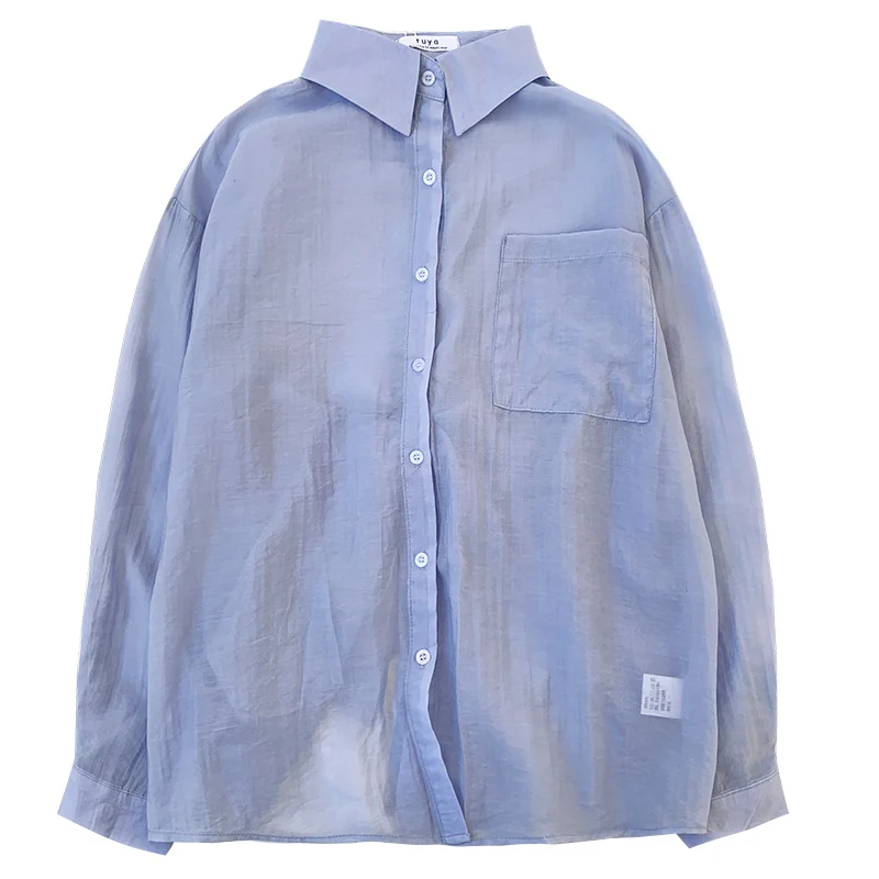 

Perspective folds slits bows summer turn-down collar buttoned loose long-sleeved sunscreen shirt