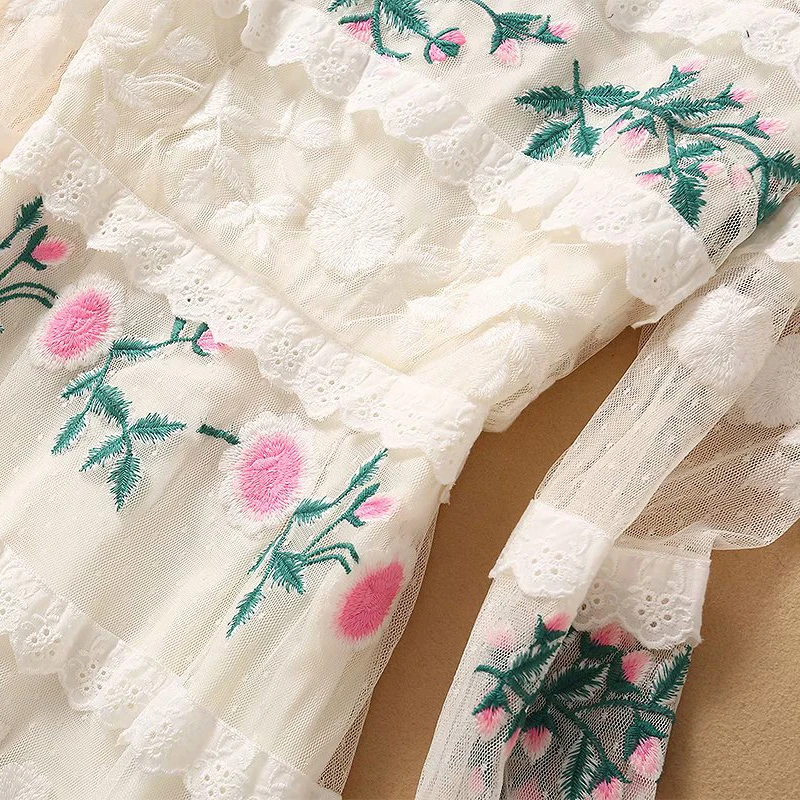 

SEQINYY Sweet Midi Dress 2021 Summer Spring New Fashion Design Women Runway High Quality Flowers Embroidery Lace Ruffles Elegant