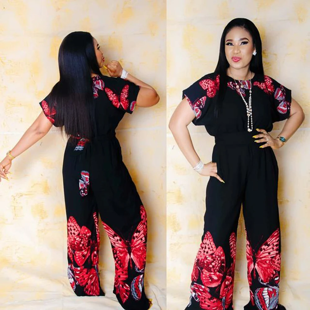 

New Fashion African Clothes Women Jumpsuit Plus Size Female Elegant Short Sleeve Red Butterfly Print With Sashes 2020 Rompers