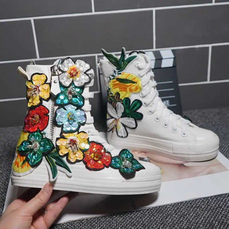 

2021 new heavy industry solid side zipper platform casual shoes tide brand high-top canvas shoes women's