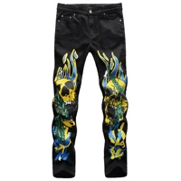 fashion mens jeans stretch slim fit 3d color print black white trousers flame skull graffiti street men denim pants jean homme