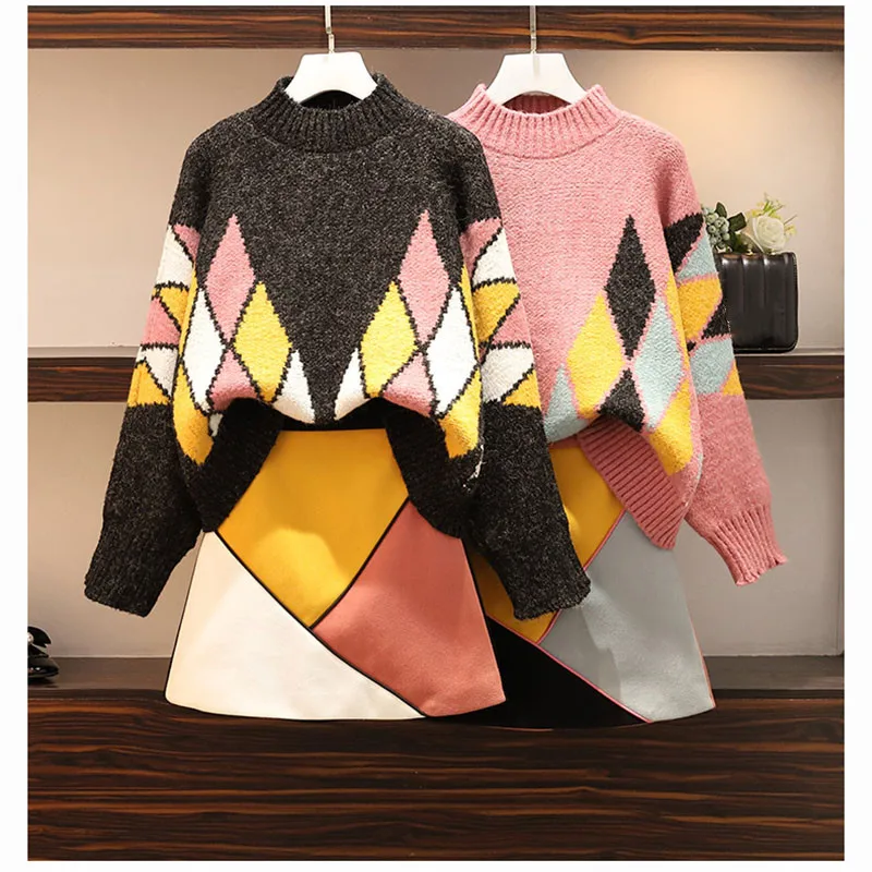 

4XL Plus size Women's Skirt Set Fashion Pullover Sweater + Skirt two-Piece Sets Autumn Winter Ladies knitted Sweater Suit A71