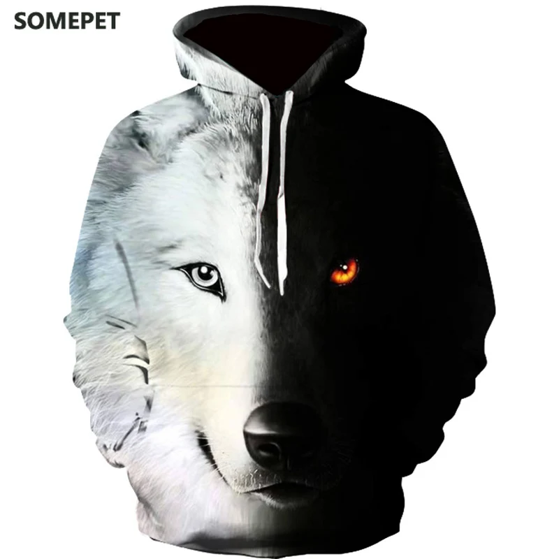 

New Fashion Hoodies Men Long Sleeve Fashion Ice and Fire Eyes Wolf Printed Men Sweatshirt Streetwear Clothes Harajuku Hoodie