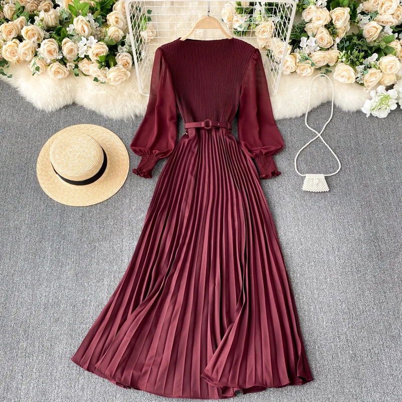 

Vintage Women Pleated Long Dress Female Elegant Lantern Long Sleeve High Waist Red/Purple Vestidos Spring Autumn New