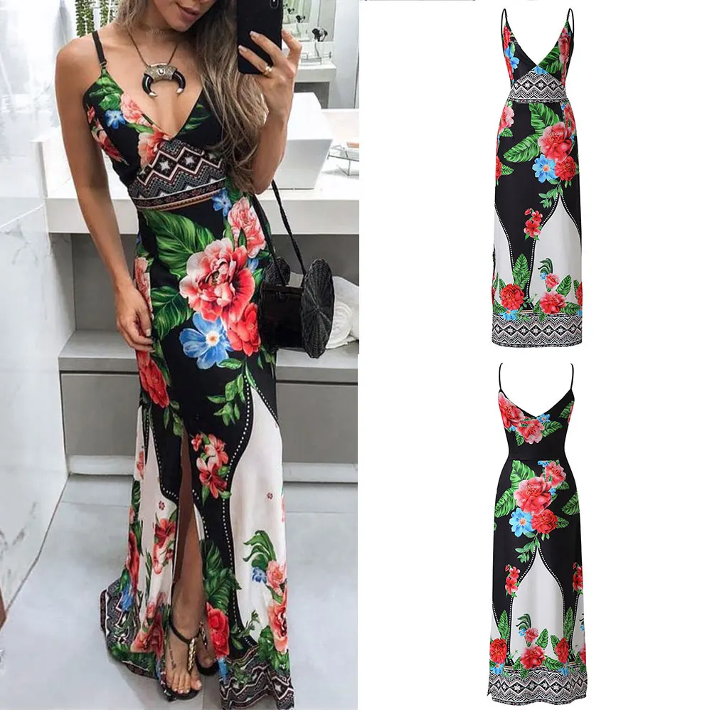 Женское платье на бретельках с v-образным вырезом цветочным принтом Боковым