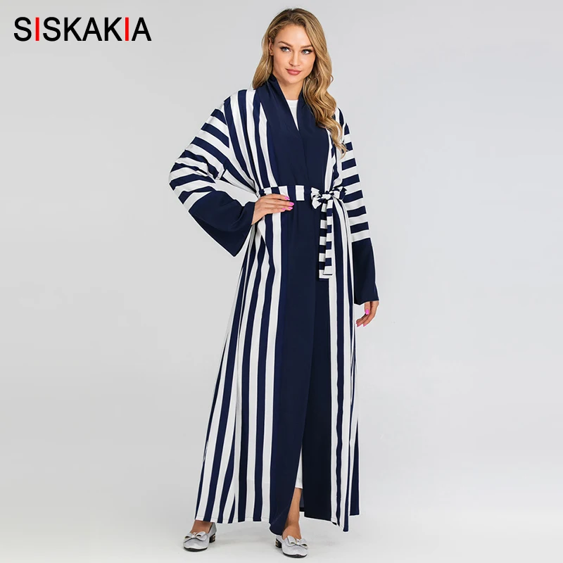 Siskakia мусульманская женская открытая абайя короткая полоса пэчворк Арабский Дубай турецкое кимоно с длинным рукавом Sash Исламская одежда женская