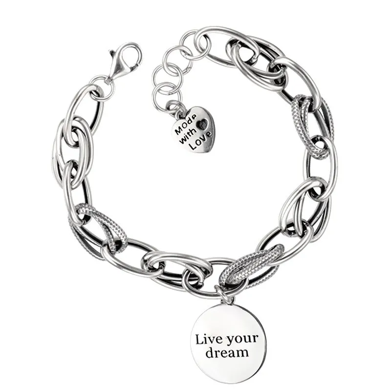 

925 Sterling Silver Korean Love Pendant Bracelet Retro Thai Silver Thick Chain Round Letter Bracelet Female Jewelry